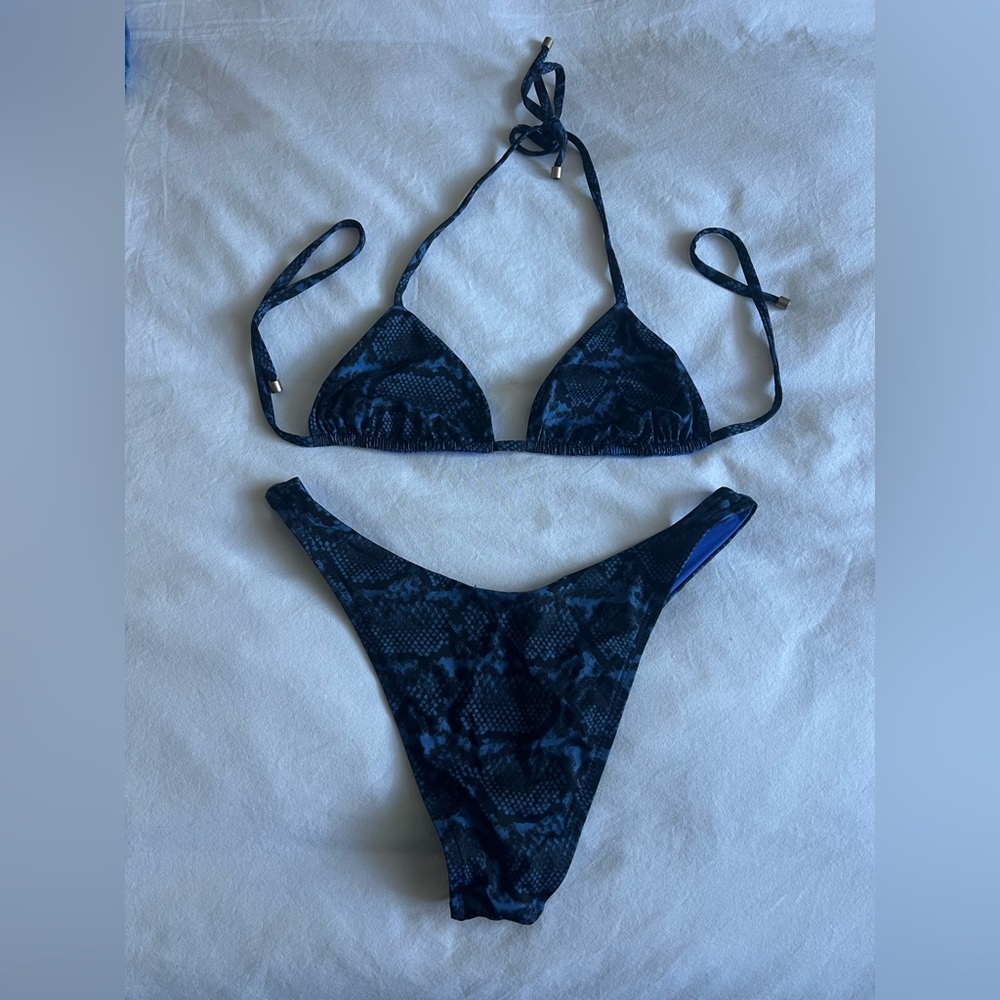 Dark Blue Snakeskin Triangle Bikini Set